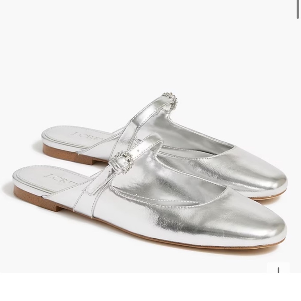J Crew Silver Metallic Mary Jane Mules Gem Detail Size 8.5 Preppy Party Academia - Picture 1 of 9